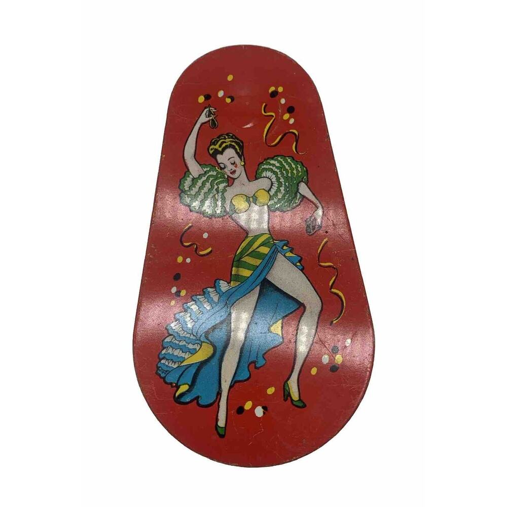 Vintage Spanish Flamingo Dancer Noisemaker Ratchet USA Tin LItho Crank